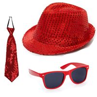 Carnaval verkleed set glitter hoed bril en stropdas rood - thumbnail