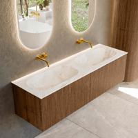 Badmeubel Mondiaz Kurve-Dlux | 150 cm | Meubelkleur Walnut | Wastafelkleur Frappe | Solid surface | Dubbele spoelbak | Zonder kraangat(en) Badmeubel Mondiaz Kurve-Dlux | 150 cm | Meubelkleur Walnut | Wastafelkleur Frappe | Solid surface | Dubbele spoelbak | Zonder kraangat(en)