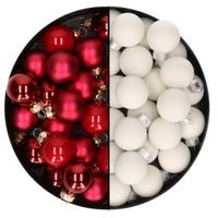 Mini kerstballen - 48x st - rood en satijn wit - 2,5 cm - glas - thumbnail