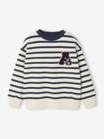 Groot gestreept jongenssweatshirt met badge in bouclé blauw, gestreept