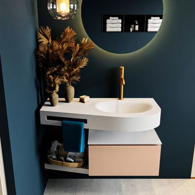 MONDIAZ RIVA 100cm badmeubel onderkast / planchet kleur Rosee met 1 lade. Wastafel DULCET rechts 1 kraangat kleur Talc. MONDIAZ RIVA 100cm badmeubel onderkast / planchet kleur Rosee met 1 lade. Wastafel DULCET rechts 1 kraangat kleur Talc.