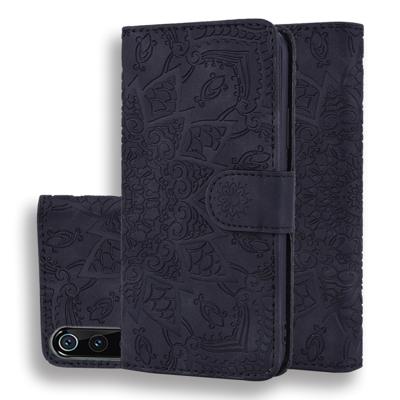 Kalf patroon dubbele vouwen ontwerp reliëf lederen draagtas met portemonnee & houder & kaartsleuven voor Xiaomi mi 9 (zwart)