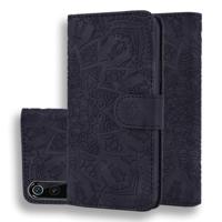 Kalf patroon dubbele vouwen ontwerp reliëf lederen draagtas met portemonnee & houder & kaartsleuven voor Xiaomi mi 9 (zwart)