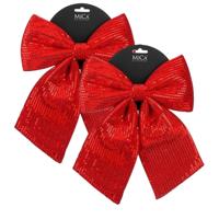 Kerst strik ornament - 2x - rood - 24 x 28 cm - polyester pailletten - kerststrik - kerstversiering