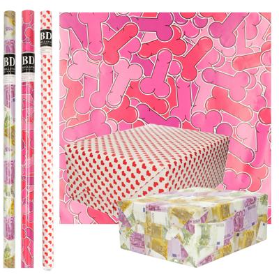 Inpakpapier Cadeaupapier - One Happy Family - 6x stuks rollen - geld - rode hartjes - penissen Inpakpapier Cadeaupapier - One Happy Family - 6x stuks rollen - geld - rode hartjes - penissen