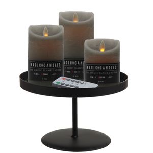 LED kaarsen/stompkaarsen - 3x st - grijs - met zwart rond kaarsenbord 22 cm