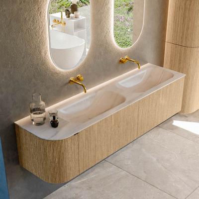 Badmeubel Mondiaz Kurve-Dlux | 175 cm | Meubelkleur Oak | Wastafelkleur Meli | Solid surface | Dubbel / Rechts spoelbak | Zonder kraangat(en)
