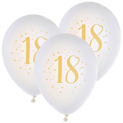 Verjaardag leeftijd ballonnen 18 jaar - 24x stuks - wit/goud - 23 cm - Feestartikelen/versieringen Verjaardag leeftijd ballonnen 18 jaar - 24x stuks - wit/goud - 23 cm - Feestartikelen/versieringen