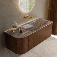 Badmeubel Mondiaz Kurve-Dlux | 115 cm | Meubelkleur Walnut | Wastafelkleur Sombra | Solid surface | Wasbak rechter zijde spoelbak | Zonder kraangat(en)