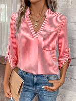 V Neck Striped Loose Casual Shirt