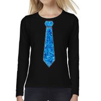 Verkleed shirt voor dames - stropdas pailletten blauw - zwart - carnaval - foute party - longsleeve