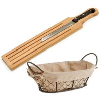 Bamboe houten broodplank/snijplank/serveerplank met broodmes 50 x 10 cm en broodmandje van 26 x 17 c - Snijplanken - thumbnail