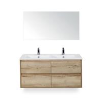 Porto Badmeubelset 120 cm - 4 laden Natuur Eiken - Keramische Wastafel Wit Slim - met Spiegel