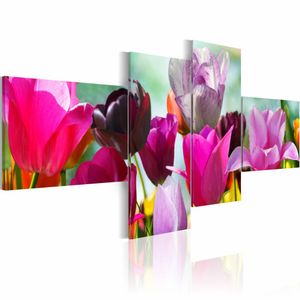 Schilderij - Betovering van roze tulpen , paars , 4 luik