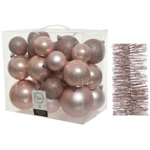 Kerstversiering kunststof kerstballen 6-8-10 cm met folieslingers pakket lichtroze van 28x stuks