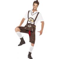 Bruine funny bierfeest/oktoberfest  lederhosen verkleedkleding broek met bratwurst/braadworst voor heren 56-58 (XL)  - - thumbnail
