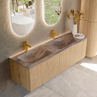 Badmeubel Mondiaz Kurve-Dlux | 155 cm | Meubelkleur Oak | Wastafelkleur Oza | Solid surface | Dubbel / Links spoelbak | 2 kraangaten