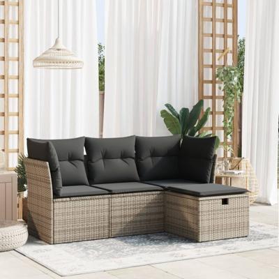 4-delige Loungeset met kussens poly rattan grijs