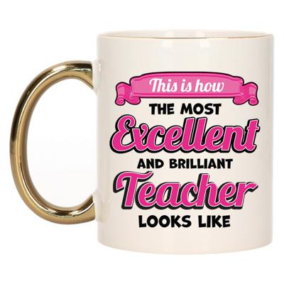 Cadeau koffie/thee mok - excellent leraar/mentor - goud/roze - keramiek - 300 ml