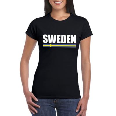 Zweden supporters kleding t-shirt - voor dames - zwart - met vlag kleuren print - korte mouwen