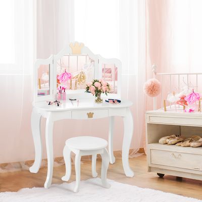 Kaptafel en Kruk voor Kinderen met Inklapbare Spiegel en Lade Houten kaptafelset met 3 Accessoires & Schattige Kroonpatronen Wit