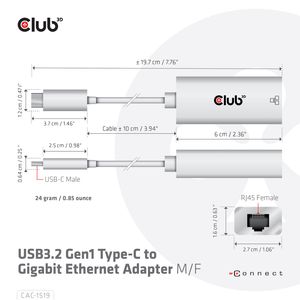 club3D Adapter USB 3.2 Typ C - RJ-45 Adapter 10 / 100 / 1000 MBit/s USB-C, RJ45