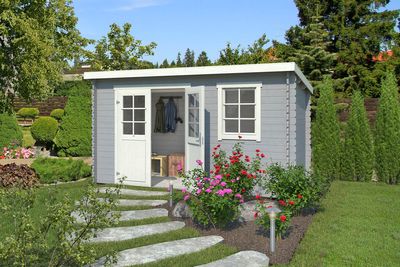 Outdoor Life Amira Blokhut 380x175 cm 28 mm vuren Platinum Grey-Wit gecoat- Lessenaarsdak- - Outdoor Life Outdoor Life Amira Blokhut 380x175 cm 28 mm vuren Platinum Grey-Wit gecoat- Lessenaarsdak- - Outdoor Life