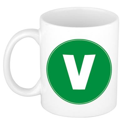 Koffie mok met de letter V - beker - groen - eerste letter van een voornaam - wit - 300 ml