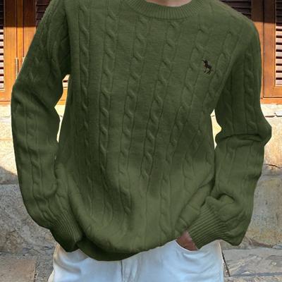 Bon&Bon Women's Navy Blue Polo Collar Cable-Knit Embroidered Sweater Army Green / M