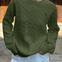 Bon&Bon Women's Navy Blue Polo Collar Cable-Knit Embroidered Sweater Army Green / M