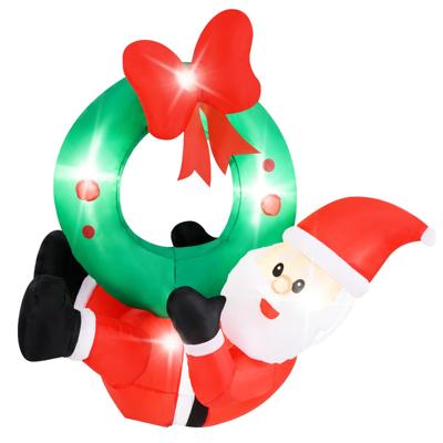 120 cm Opblaasbare Krans met Kerstman Verlichte Krans met Rode Strik 5 LED-Lampjes Raamdecoratie voor Binnen Buiten
