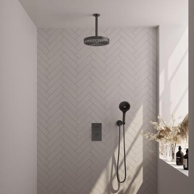 BRAUER Stripe Thermostatische Inbouw Regendouche - 3-weg - rechthoekig - 25cm douchekop - plafondarm - 3-standen handdouche - doucheslang - wandaansluitbocht - gunmetal geborsteld PVD 5-GM-399