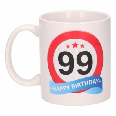 99 jaar Verjaardag koffiemok - cadeau beker - stopbord print - 300 ml - keramiek - wit