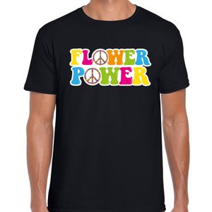 Jaren 60 Flower Power verkleed shirt zwart met gekleurde peace tekens heren