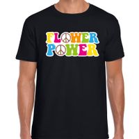 Jaren 60 Flower Power verkleed shirt zwart met gekleurde peace tekens heren