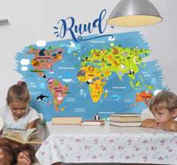Muurstickers kinderkamer Dieren wereldkaart sierlijk - thumbnail