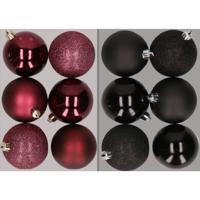 12x stuks kunststof kerstballen mix van aubergine en zwart 8 cm - Kerstbal - thumbnail