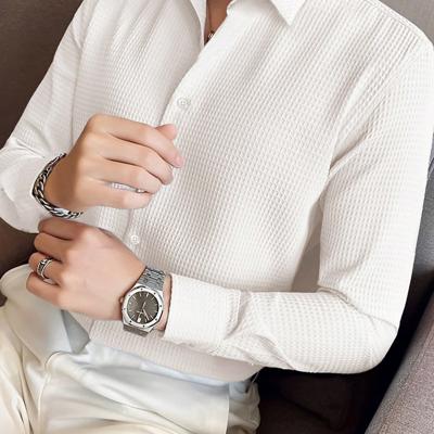 Bon&Bon Men's Waffle Knit Shirt - Black Long Sleeve Button Front Apricot / S