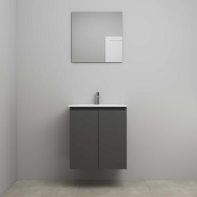 On-Line Badkamermeubelset - 60 cm - Voorgemonteerd - Greeploos 2 Deuren - Porseleinen Wastafel - 1 Kraangat - Spiegel - Mat Antraciet