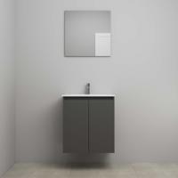 On-Line Badkamermeubelset - 60 cm - Voorgemonteerd - Greeploos 2 Deuren - Porseleinen Wastafel - 1 Kraangat - Spiegel - Mat Antraciet