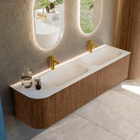 Mondiaz KURVE 175 cm Onderkast Greeploos 2 Lades Met Deuren Walnut, Wastafel Solid Surface Rechts Talc 2 Kraangaten Zonder Spiegel (KRVBGS175L2L1D2KD-Wal/Tal)
