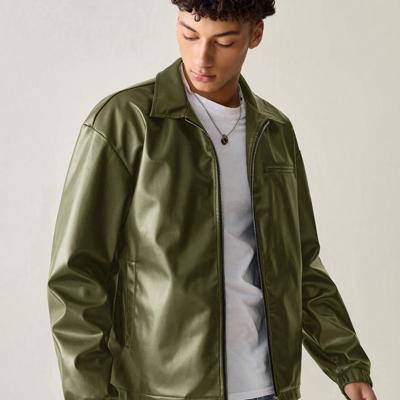 Manfinity Men's PU Leather Casual Jacket - Urban Black Drop Shoulder Army Green / S