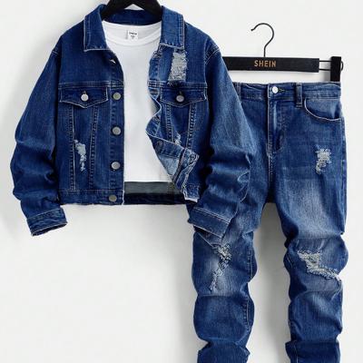 Tween Boys Ripped Distressed Denim Jacket and Jeans Set - Black Dark Wash / 8Y