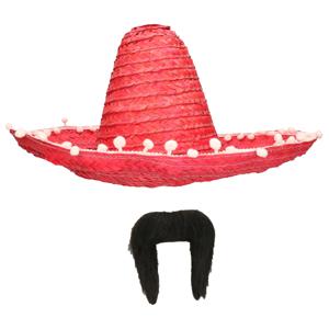 Carnaval verkleed set - Mexicaanse sombrero hoed met plaksnor - rood - heren