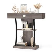 T-Vormige Consoletafel Achterbanktafel met Lade Legplanken en Dubbele Anti-Kantelsets Instap Bijzettafel voor Woonkamer Grijs