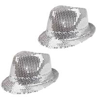 Boland Carnaval verkleed trilby hoedje - 2x - pailletten - Zilver - volwassenen - Glitter and Glamou