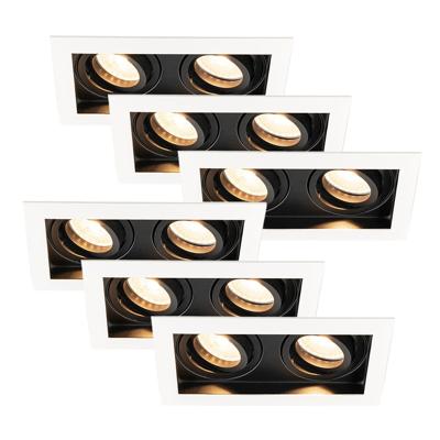 Set van 6 Durham - LED Inbouwspot - 8 watt 690 lumen - 2700K Warm wit - Dubbel - GU10 - Kantelbaar - IP20 voor binnen - Rechthoek - Wit/Zwart