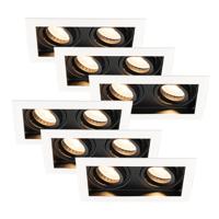 Set van 6 Durham - LED Inbouwspot - 8 watt 690 lumen - 2700K Warm wit - Dubbel - GU10 - Kantelbaar - IP20 voor binnen - Rechthoek - Wit/Zwart