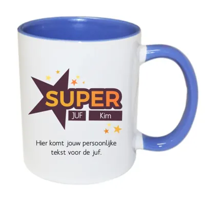 Super Juf mok met naam (blauw)
