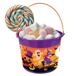 Trick or treat snoep emmertje - heksen thema - paars - 18 x 16 cm - Halloween snoepjes ophalen